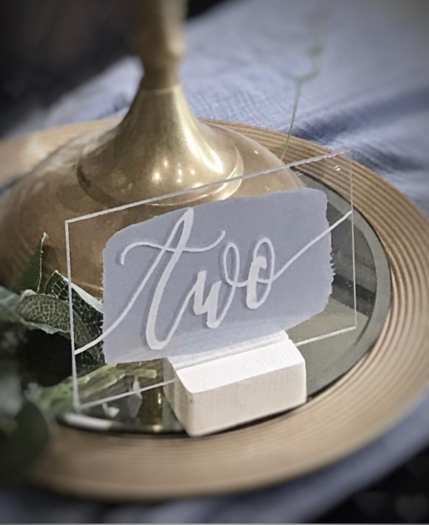 Dusty blue perspex table numbers