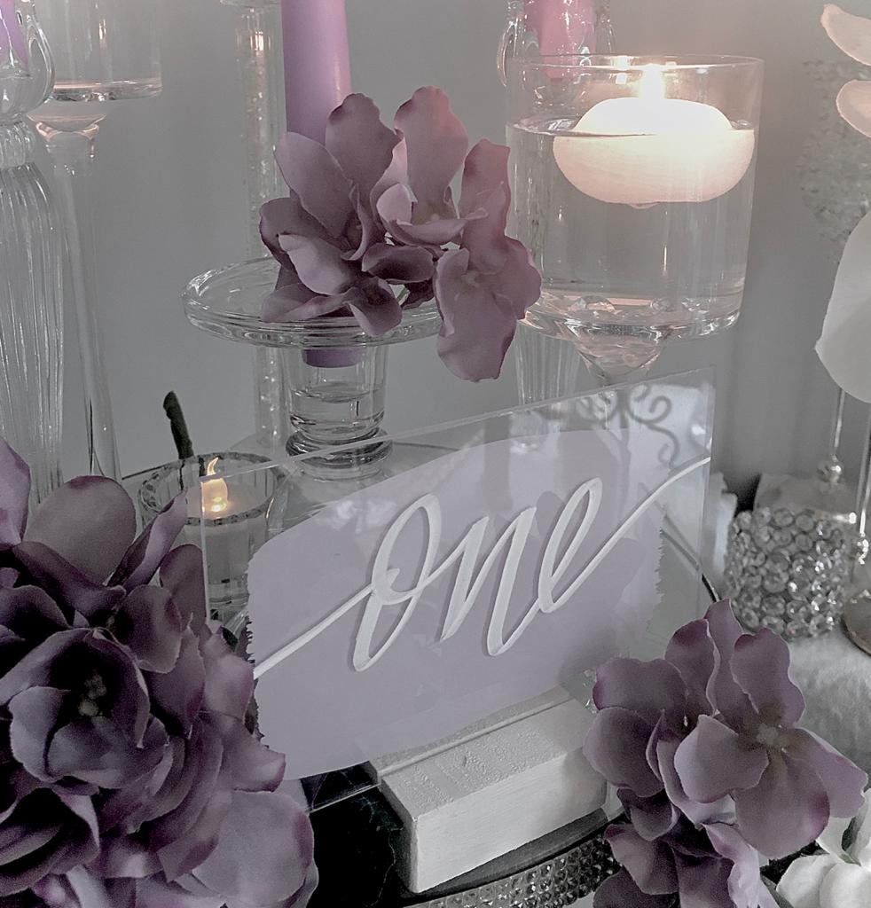 Lilac perspex table numbers
