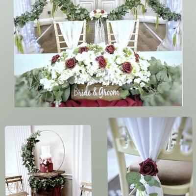 Burgundy and green wedding decor